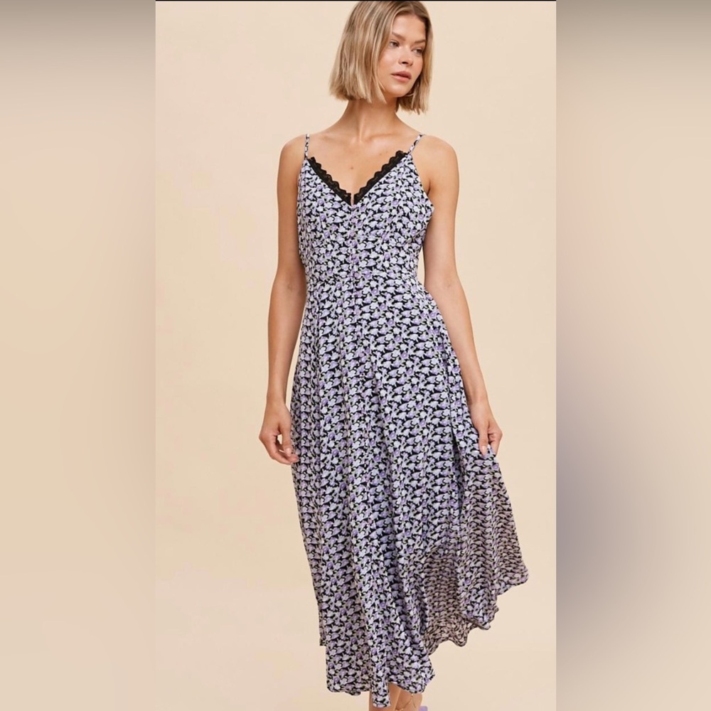 Akari Midnight Lavender Floral Button Front Midi Dress